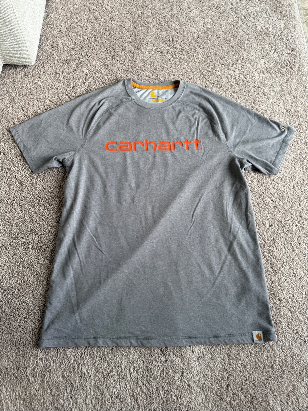 Carhartt Gray Short-Sleeve Logo Tee with Orange Accents